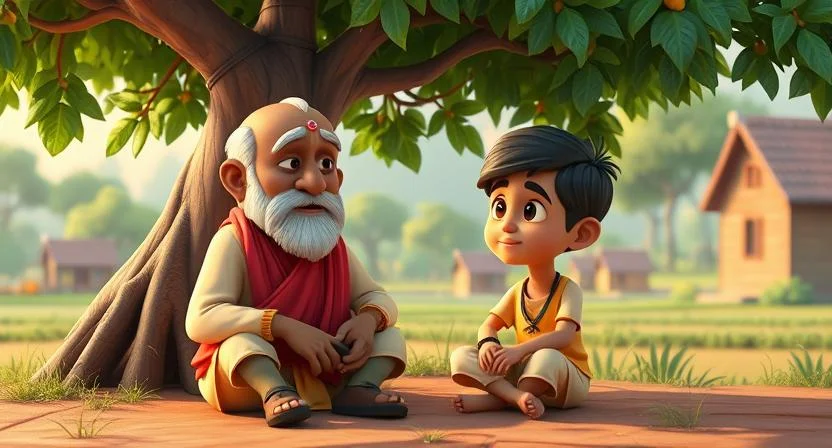 An elderly man, Venkatesh, sitting with a young boy named Arjun under a tree in a village, having a conversation about the importance of education. The boy looks inspired while the elderly man speaks with wisdom. The background shows a peaceful village setting with small houses and fields. The atmosphere is warm and filled with encouragement.
