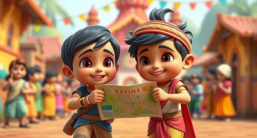 Two children, Ravi and Krishna, working together in a village competition. Ravi is holding a map, showing his intelligence, while Krishna is using his physical strength to help. The background shows a vibrant village with cheering people, symbolizing the power of teamwork and friendship. The scene is full of energy and positivity.
