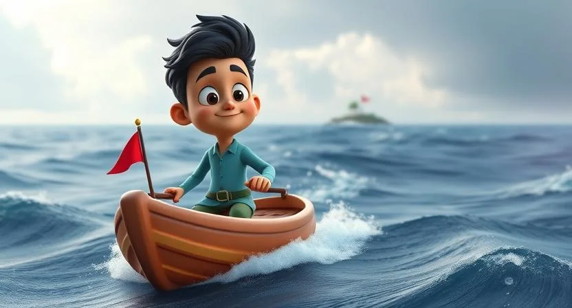 A young man named Mahesh sailing on a small boat across a vast ocean with strong waves, looking determined and fearless. The sky is cloudy, and the waves are tall, but Mahesh's face shows courage and confidence. In the distance, a small island is visible, symbolizing the achievement of his dream.