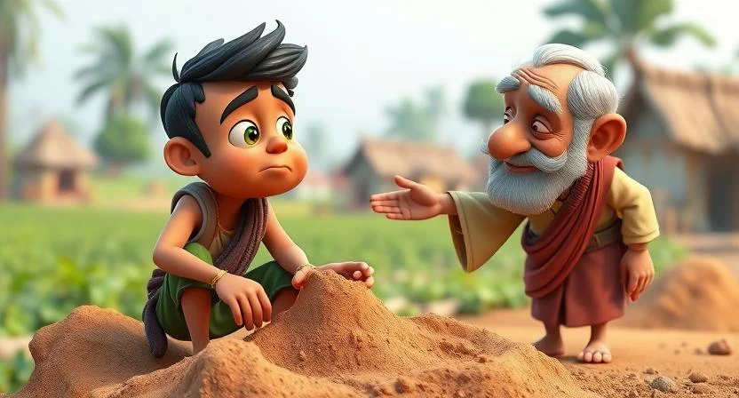 A young man named Raju, working hard at digging clay, looking exhausted and focused. An elderly man approaches him, offering a helping hand. The background shows a village setting with green fields and simple houses. The elderly man’s gesture symbolizes wisdom and the importance of seeking help in difficult times.