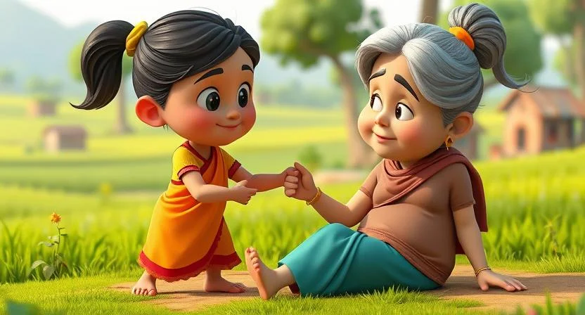 A kind-hearted young girl named Shruti helping an elderly woman who has fallen on the ground. The girl is gently holding the woman’s hand, supporting her, while the background shows a peaceful village setting with green fields and simple houses. The atmosphere is filled with compassion and warmth, symbolizing kindness.