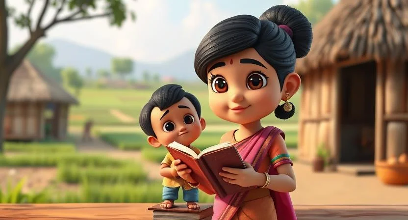 A determined young girl named Rekha, holding a book and teaching a small child in a village school. The background shows a peaceful, simple village with fields and huts. The child looks eager to learn, while Rekha is showing him the way with encouragement. The scene reflects hope, determination, and the power of education.