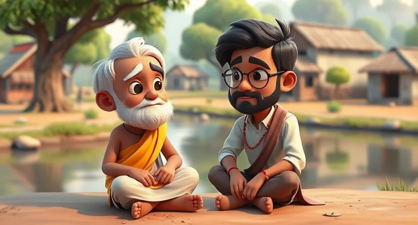 A young man named Shankar, sitting peacefully with an elderly man in a quiet village setting, listening to advice. The background shows a serene village with simple huts, trees, and a calm river. The elderly man is sharing wisdom about controlling anger, and Shankar looks thoughtful and attentive. The scene reflects calmness and reflection.
