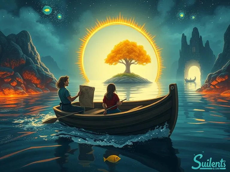 The small boat is tossed around by a fierce storm, with dark clouds swirling overhead and lightning striking the sky. Mia holds the ship’s wheel tightly, while Finn and Lyra work together to keep the boat steady. The waves crash against the side of the boat, and the wind howls, making it a perilous moment in their adventure.