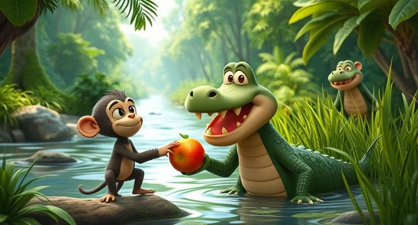 In a tranquil river setting, the monkey sits calmly on the crocodile’s back, speaking thoughtfully while the crocodile looks confused and concerned. The crocodile's body is slightly tense, listening attentively. The gentle flow of the river and the surrounding lush greenery create a peaceful backdrop, contrasting with the crocodile’s uncertain expression as the two unlikely friends communicate.