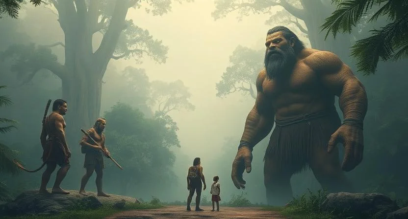 Massive giants emerge from the misty jungle, towering over the explorers. Their skin is deep tan, like the earth, and their eyes glow with wisdom. They are dressed in thick, woven fabrics and carry stone and wood tools. The largest giant steps forward, speaking in a deep voice. Captain Mia, Liam, and Ella stand before them, nervous but ready to explain their arrival. The scene captures a moment of awe and tension as the explorers face these ancient, peaceful giants.