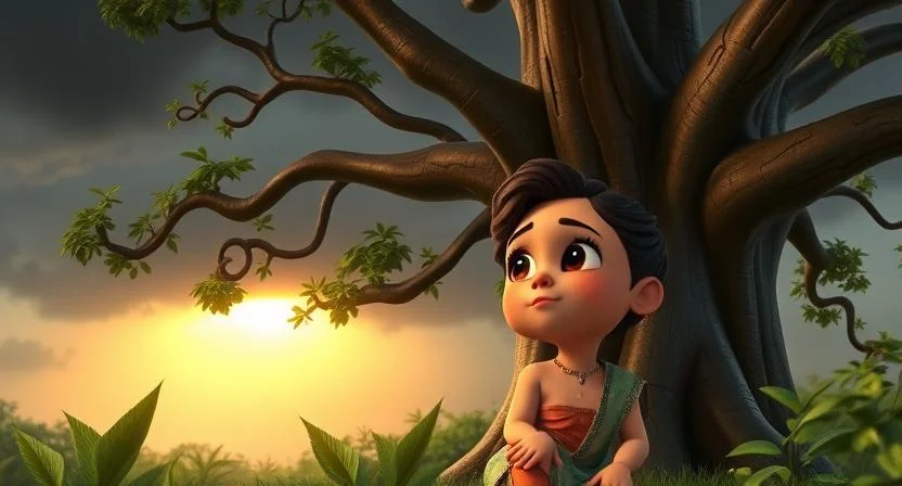 Meera, a young girl with curious eyes, sits near the banyan tree, gazing up at the dark storm clouds gathering above. Her expression is a mix of contemplation and reassurance, finding comfort in the tree's presence. The banyan tree stands strong behind her, its massive branches swaying in the wind. The contrast of the ominous clouds and the tree's calming presence creates a balance of chaos and serenity, with soft golden light peeking through the clouds, casting a glow on Meera’s face.