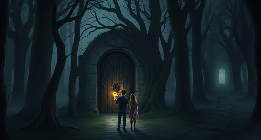 Lily, Sam, and Charlie stand before an ancient stone door covered in vines deep within a misty, eerie forest. The door is adorned with strange markings and has a small keyhole at its center. Lily holds a glowing key, poised to unlock the door. The atmosphere is tense and mysterious, with long shadows from towering trees surrounding them. A narrow, dark path leads further into the forest beyond the door, hinting at the unknown dangers and secrets that await.