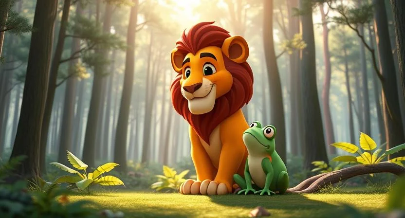 A majestic lion and a small frog having a peaceful conversation in the middle of a forest. The lion is sitting tall, with a proud expression, while the frog is looking up with determination and wisdom. The forest is dense with tall trees and soft sunlight shining through the canopy, creating a serene and calm atmosphere.

(Moral Stories in Telugu)