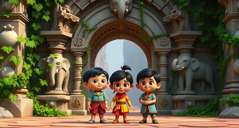 Aaditya, Ananya, and Vikram stand before an ancient stone archway covered in thick vines. The arch is decorated with intricate carvings of lions and elephants, and at its base, they discover a hidden Ouroboros symbol. The mystical atmosphere fills the air as the children gaze at the ancient markings with awe and curiosity.