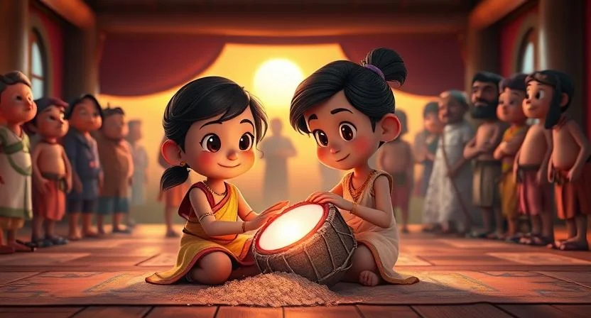 Ananya, a young girl with bright, curious eyes, sits on the floor of the village hall, gently striking the magical drum. As her hands touch the drum, dust falls away to reveal a vibrant glow beneath. The air around the drum shimmers with magic, and the sound begins to fill the room. Villagers stand in a circle, their faces full of wonder, drawn to the enchanting sound. The warm golden glow of the setting sun adds to the magic, and the once-distant villagers are united in awe as the drum's music breathes life back into the village.