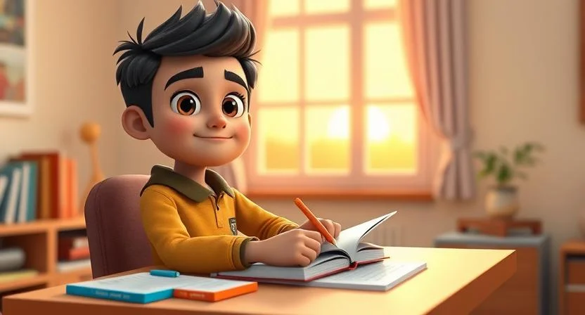  A young man named Ramu, sitting at a desk with books and notes, focused on studying. His face shows determination and clarity, symbolizing his commitment to taking the first step toward his dreams. The background is a simple, peaceful room with a window showing a bright sunrise, representing new beginnings.
