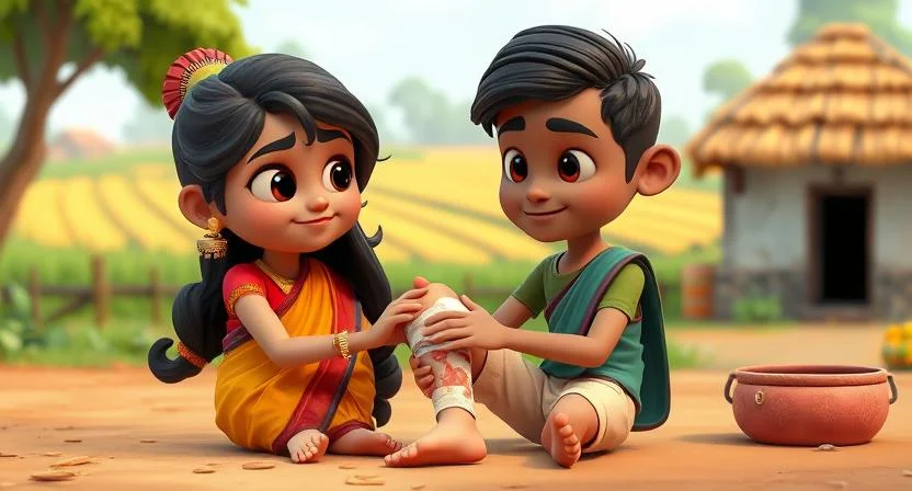 Two friends, Janaki and Ravi, in a village setting. Janaki is helping Ravi, who has hurt his leg, by carefully bandaging it and offering him support. The background shows a simple village with fields and a small house. Janaki’s face reflects concern and care, while Ravi looks grateful. The scene embodies the spirit of friendship and helping each other in times of need.