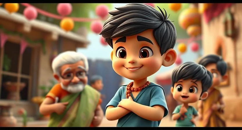 A young boy named Jayaan, helping others in a village celebration. The background shows a simple village with decorations for the festival. Jayaan is smiling, assisting an elderly person and a child, symbolizing his kindness and the value of small gestures. The scene conveys a sense of community and togetherness.