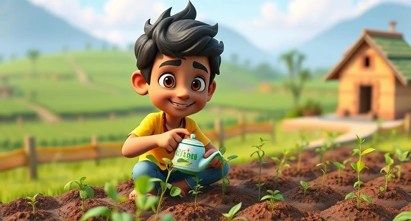 A young man named Shiva, tending to a small nursery with various plants and saplings. His face is filled with determination as he waters the plants. The background shows a peaceful village with green fields and a small house. The scene symbolizes growth, hard work, and the fulfillment of a dream through perseverance.
