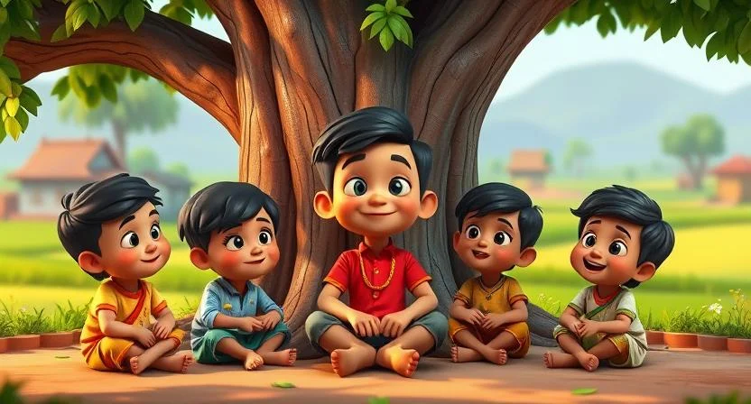 A young boy named Naresh, sitting under a big tree, teaching a group of children to work together and share. The background shows a peaceful village with green fields, and the children are smiling as they listen to Naresh's advice. The scene reflects unity, friendship, and the power of collaboration.