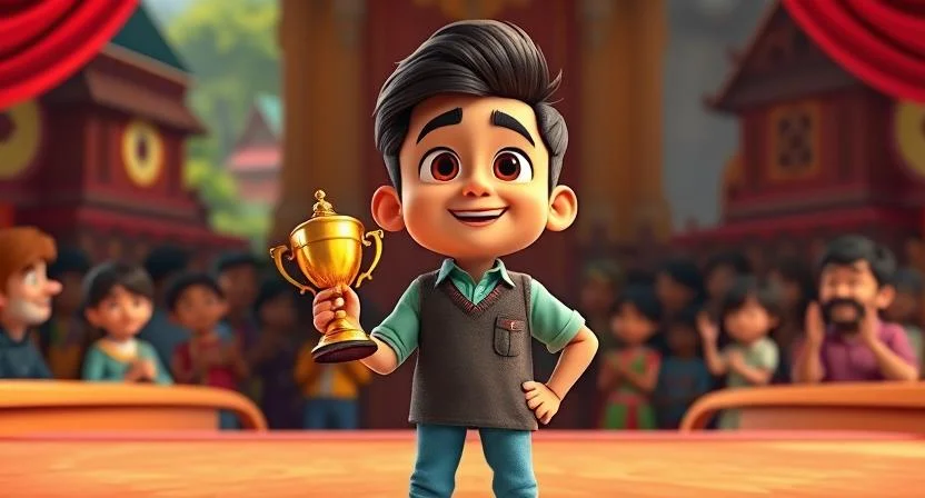 A young man named Ajay, confidently standing on a stage with a trophy in his hand, looking proud and determined. In the background, there is an audience clapping, with a beautiful village setting. The scene symbolizes the power of self-belief, hard work, and determination.
