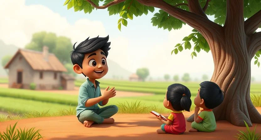 A young man named Ravi teaching a small group of children under a tree in a village. The children are eagerly listening, and Ravi looks encouraging and enthusiastic. The background features a peaceful village with a few houses and green fields, symbolizing the humble beginning of a big dream.
