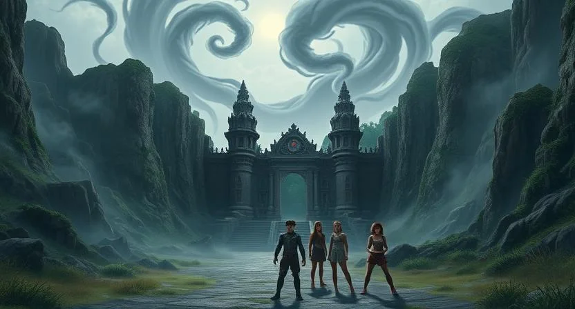 A dark and foreboding valley with an ancient stone temple covered in vines, pulsing with an eerie glow. Dark tendrils of energy rise from the earth, swirling around the temple. At the entrance stands a corrupted giant, with pale skin and glowing red eyes, exuding a threatening presence. Captain Mia, Liam, Ella, and Orin stand ready for battle, their faces determined as they face the dark forces that have been awakened. The atmosphere is thick with tension, as the Hollow of Echoes reveals the dangerous power lurking within the island.