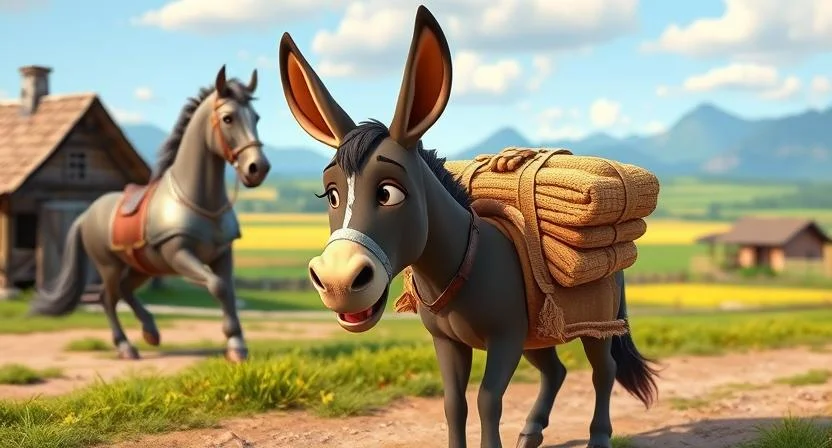 A hardworking donkey carrying a load in a rural village setting, looking tired but determined. In the background, a proud and powerful horse with shining armor walks by, giving the donkey a wise and encouraging glance. The countryside is peaceful, with fields and distant mountains. The donkey is carrying heavy bundles, but the horse's words inspire it to smile and continue

(Moral Stories in Telugu)