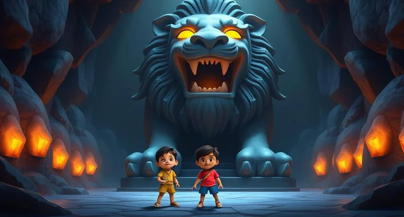 Inside a dimly lit cavern, Aaditya, Ananya, and Vikram stand in awe before a massive stone statue of a lion with glowing eyes. The lion's mouth is open, and an eerie riddle echoes through the chamber. The floor is lined with glowing stones, while a dark staircase leads further into the unknown depths.