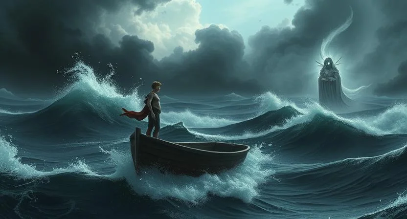 Sam stands at the edge of a small, fragile boat in the middle of a dark, stormy ocean, waves crashing violently around him. His face is pale with fear, but he’s determined as Lily stands beside him, her hand on his shoulder offering encouragement. The storm rages on the horizon, but Sam holds onto the boat, facing his fear. In the distance, the ghostly figure of the guardian watches, its glowing eyes softening in approval. The moment symbolizes Sam’s bravery in overcoming his deepest fears as the dark ocean begins to fade away.