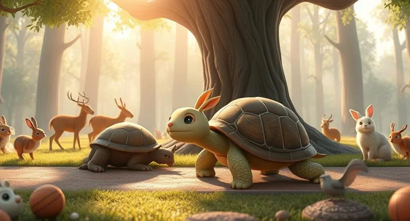 The tortoise steadily moves past the sleeping hare, who remains unaware under the shade of a tree. The tortoise's focused expression reflects his determination as he continues along the path. Forest animals—deer, squirrels, and birds—watch in astonishment as the tortoise surpasses the once-confident hare. Sunlight filters through the tree canopy, casting a golden glow on the tortoise, emphasizing his quiet persistence and the lesson of patience.