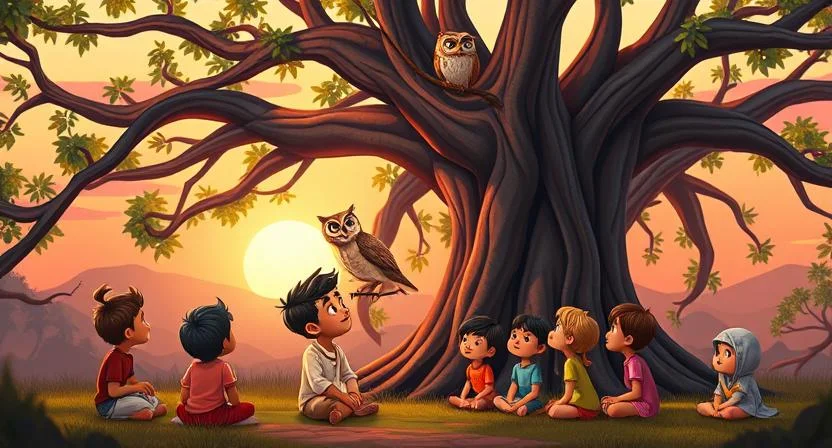 Arjun sits under the banyan tree, gazing curiously at Shambu, the wise old owl perched on a sturdy branch above. Shambu’s feathers glisten in the soft golden hues of the setting sun, his sharp eyes watching the children below. A group of children is gathered in a semi-circle, their faces filled with fascination as they listen intently to the owl. The banyan tree’s sprawling branches stretch wide, and the sun sets in a warm array of orange, pink, and purple hues, creating a harmonious atmosphere of wonder and storytelling.