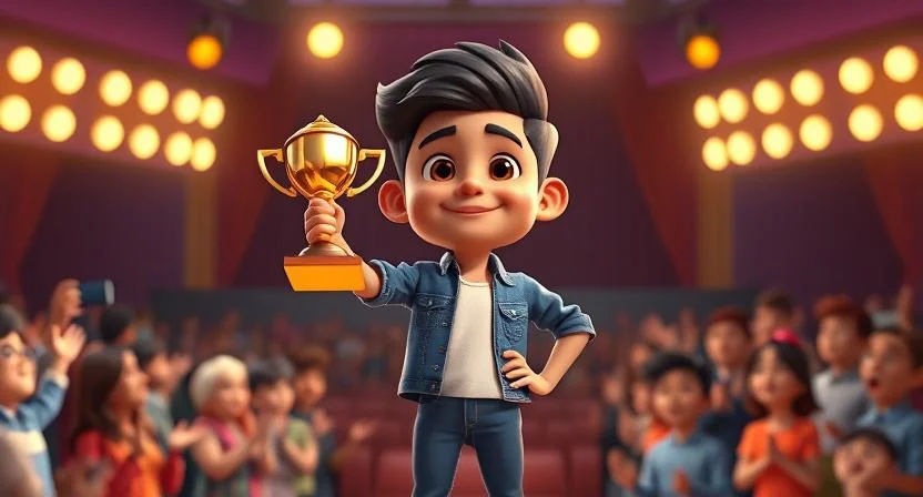 A young man named Viram standing confidently on a stage, holding a trophy with a big smile, symbolizing his victory after overcoming self-doubt. The background shows a crowd clapping, and the atmosphere is filled with positivity and achievement. The scene reflects triumph through self-belief and hard work.
