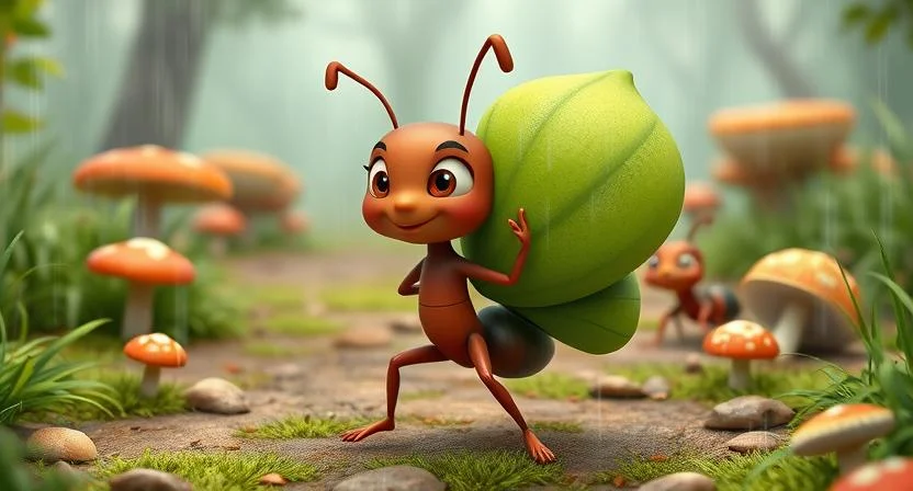 Create a whimsical illustration of a tiny ant trying to carry a large green leaf alone in the rain, while in the background, a group of ants work together carrying food items efficiently. The scene should be set in a lush forest floor with mushrooms and grass. Use warm, inviting colors and a style that appeals to children. The main ant should have a determined expression, emphasizing the story's message about teamwork.

(Moral Stories in Telugu)