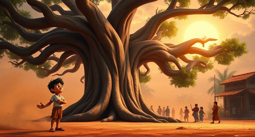 Raju stands under the banyan tree, his eyes fixed on the strong winds sweeping through the village. His expression reflects awe and reassurance as he watches the tree remain calm and sturdy despite the storm. The tree’s massive roots grip the earth firmly, while its branches sway gently with the wind. Villagers in the background show signs of worry, but their expressions soften as they notice the tree’s unshaken presence. The stormy sky contrasts with a soft golden glow from the setting sun, creating a balance of turbulence and tranquility.