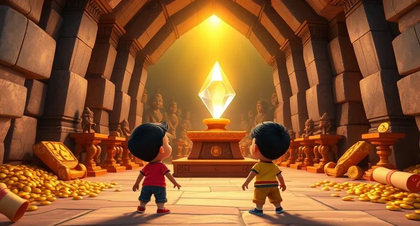 Aaditya, Ananya, and Vikram stand in astonishment as a massive stone door creaks open, revealing a grand chamber filled with ancient treasure. Piles of gold coins, radiant jewels, statues, and ancient scrolls line the room. At the center, a glowing crystal rests on a pedestal, casting a golden light that illuminates the chamber with an ethereal glow.