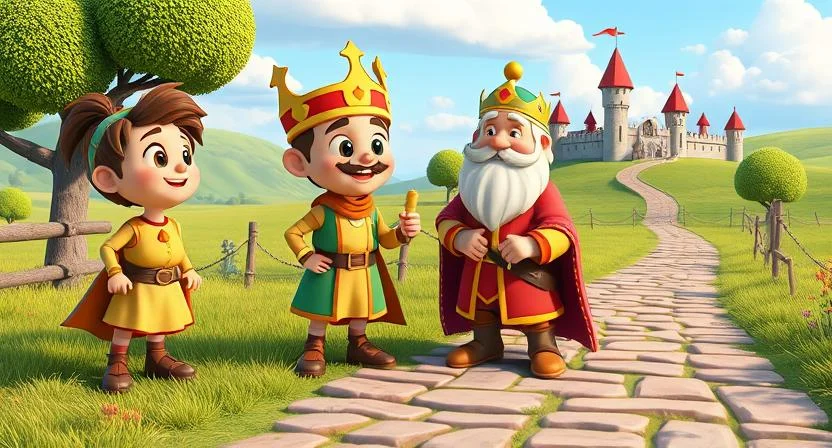 A vibrant illustration of a rural landscape featuring two friends, one honest and diligent, the other overconfident, standing before a wise-looking king. The scene shows one well-paved path leading to a secure castle, and another shortcut-looking path that ends in uncertainty, reflecting the moral of the story.

(Moral Stories in Telugu)
