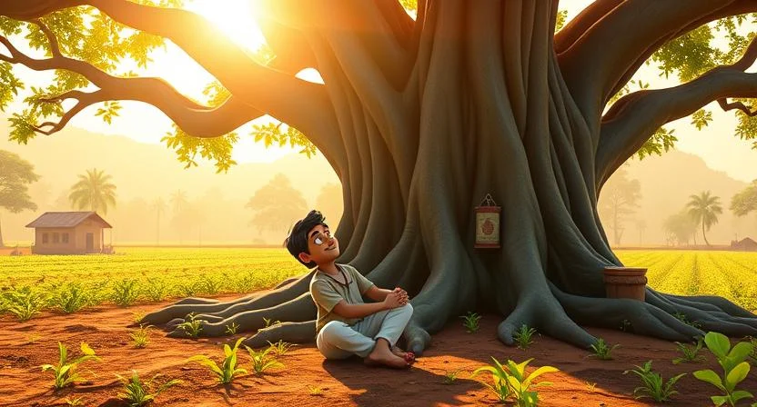 Vishnu, a hardworking farmer, sits under the banyan tree, listening intently as he reflects on its silent wisdom. The tree’s thick trunk and sprawling branches provide a protective canopy above him, its roots deeply anchored in the earth. In the background, Vishnu’s farm stretches out, with crops varying in health, symbolizing effort and perseverance. The warm golden sunlight filters through the leaves, casting a gentle glow, while a soft breeze rustles through the branches, creating a serene atmosphere filled with wisdom and balance.