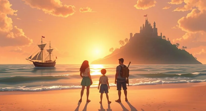 The explorers—Captain Mia, Liam, Ella, and Orin—stand on the shore of the peaceful Island of Giants, watching the sunset. Their ship, the Starlight Voyager, is ready to depart, anchored nearby. The island appears calm, bathed in the warm glow of the setting sun, with towering trees and ancient structures in the background. The explorers share a quiet moment together, reflecting on their incredible journey as the waves gently lap at the shore, symbolizing the end of one adventure and the beginning of many more to come.