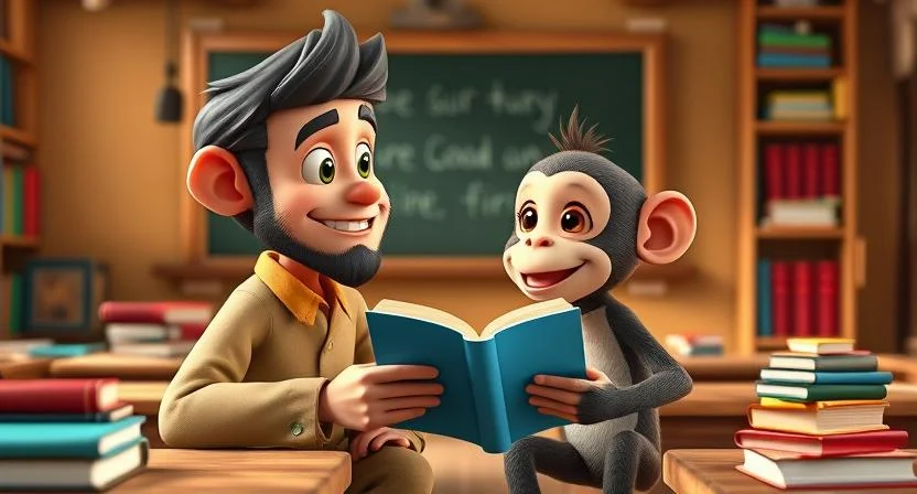 A wise teacher (a human) teaching a curious little monkey (named Nanu) in a classroom surrounded by books. The setting is in a peaceful village school with a wooden blackboard and desks for children. The teacher is holding a book while the monkey is attentively looking at it.

(Moral Stories in Telugu)