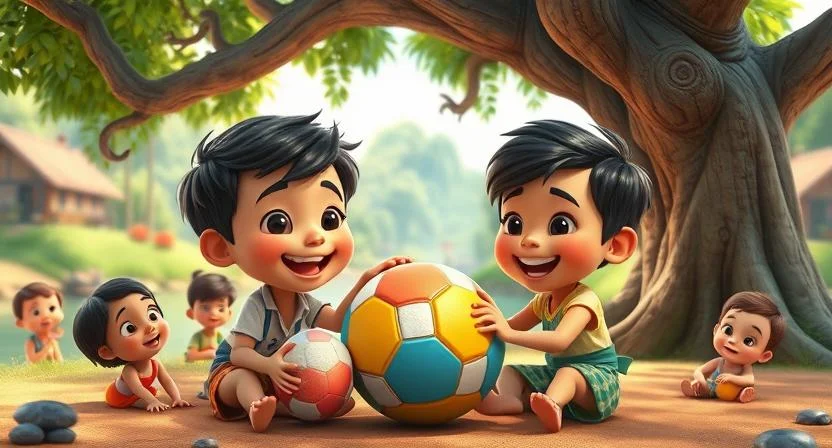 A joyful scene of two children, one named Ramu and the other named Bambu, sharing a colorful ball with other kids under a big old tree near a river in a village. The children are smiling, and the atmosphere is bright and cheerful, with the children of different ages playing together in harmony.

(Moral Stories in Telugu)
