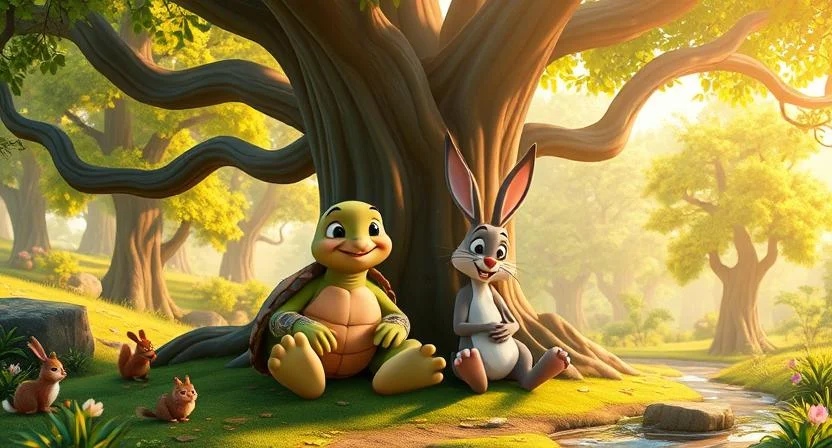 The tortoise and the hare sit side by side under a large tree, smiling and sharing stories. The atmosphere is warm and peaceful, with soft sunlight filtering through the leaves. The hare laughs lightly, while the tortoise enjoys the moment calmly. The surrounding forest is lush, filled with green trees and gentle streams. Nearby animals like birds, squirrels, and rabbits watch with contentment, showing the deep bond between the once-competitive pair, embodying the lesson of growth through understanding and patience.