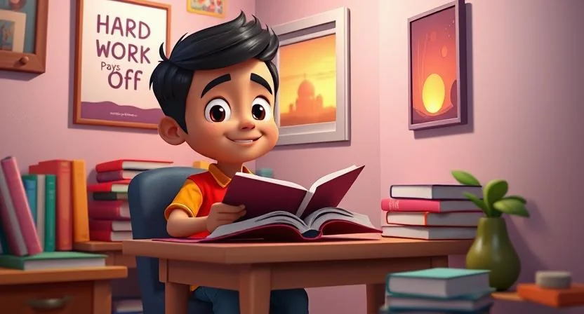 A determined young boy named Manoj studying hard at a desk filled with books in a small room, with a poster on the wall that says "Hard Work Pays Off." The room is cozy with a small window showing a beautiful sunset. He has a focused expression, symbolizing his determination to succeed despite challenges.