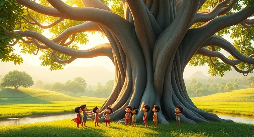 A peaceful village surrounded by lush green fields and sparkling rivers, with an ancient banyan tree at the heart of the scene. Its gnarled roots reach deep into the earth, and its sweeping branches cast a vast shadow. A group of curious children gathers beneath the tree, their expressions filled with wonder and hope as they look up, seeking its wisdom. The atmosphere is calm, with soft rustling leaves and the distant sound of a river, creating a sense of serenity and unity in the village.