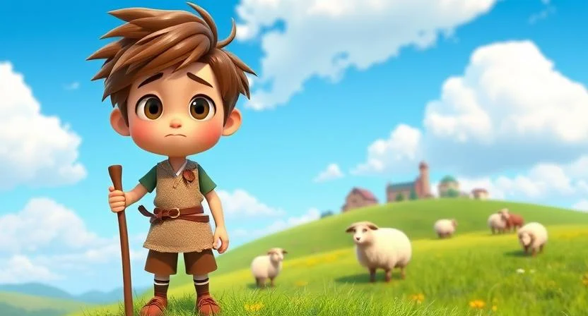 A young shepherd boy with messy brown hair and playful eyes stands on a green hill, looking over his sheep with a bored expression. He holds a wooden staff in one hand, and a small village can be seen in the distance. The sky is bright blue with fluffy clouds, and the peaceful, rolling landscape surrounds him