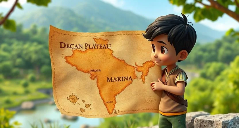 An ancient, weathered map of the Deccan Plateau with faded markings indicating a hidden treasure’s location. The map is held by a curious young boy, Aaditya, who stands near a gently flowing river, gazing at it with wonder. Behind him, lush green forests and distant mountains stretch across the landscape, hinting at the grand adventure ahead.