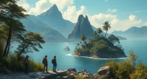 A group of young explorers stand on a rocky shoreline, gazing in awe at the sight of towering giants moving among the trees on a mysterious island. The island is lush and green, surrounded by a vast ocean, with towering mountains in the background. The giants, massive but peaceful, blend into the landscape, their presence both awe-inspiring and slightly unsettling. The scene sets the stage for an adventure filled with mystery, courage, and the discovery of ancient secrets.