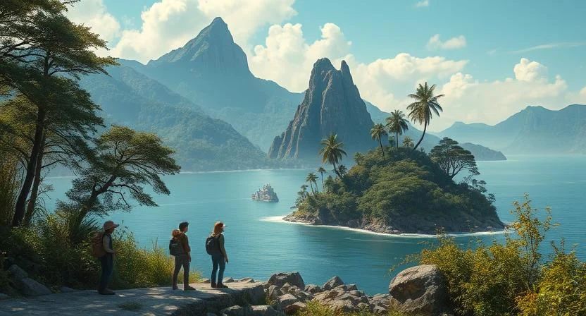 A group of young explorers stand on a rocky shoreline, gazing in awe at the sight of towering giants moving among the trees on a mysterious island. The island is lush and green, surrounded by a vast ocean, with towering mountains in the background. The giants, massive but peaceful, blend into the landscape, their presence both awe-inspiring and slightly unsettling. The scene sets the stage for an adventure filled with mystery, courage, and the discovery of ancient secrets.