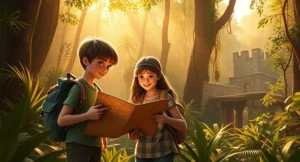 A dense jungle filled with towering trees and thick vines, bathed in golden sunlight filtering through the canopy. In the foreground, three adventurous kids (Max, Lily, and Tom) are gathered around an ancient, worn map. They look excited and slightly nervous, with their backpacks slung over their shoulders. Max, the leader, holds the map, while Lily and Tom peer over his shoulder, pointing toward the trail on the map. Their expressions are a mix of wonder and determination. In the background, the jungle teems with life—lush plants, hidden creatures peeking through the foliage, and a distant hint of an ancient stone structure barely visible through the dense greenery. There’s a sense of mystery and anticipation, with the unknown adventure just beginning.