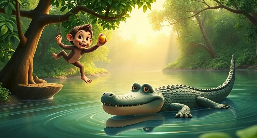 In a lush green forest, a cheerful monkey swings down from a tree with a bright smile, approaching a friendly crocodile lounging on the riverbank. The crocodile lifts its head slightly, greeting the monkey with a calm expression. The monkey holds a sweet fruit in his hand, ready to offer it. Sunlight filters through the trees, casting soft light across the river and surrounding trees, setting the stage for an unlikely friendship between the two creatures.