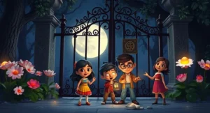 Three children stand at the entrance of a mysterious, enchanted garden behind an old iron gate that creaks in the wind. The full moon casts a silvery glow over the scene, illuminating midnight-blooming flowers with shimmering petals. Riya holds a lantern, Aarav examines a mysterious symbol on the gate, and Meera reaches out to touch a glowing flower. Shadows move among the trees as faint whispers float in the air, creating an atmosphere of mystery and adventure.