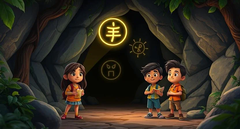 Three young adventurers stand at the entrance of an ancient, mysterious cave hidden in a dense forest. The cave entrance is partially covered in vines, with glowing symbols etched onto the stone walls. A soft mist seeps from within as the children—Ananya holding a map, Kavi with a notebook, and Aryan shining a flashlight—gaze inside with curiosity and apprehension.