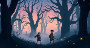 Three young adventurers stand at the edge of a dark, misty forest at twilight. The scene conveys an eerie, mysterious atmosphere with towering, twisted trees and fog creeping along the ground. Lily, a courageous girl, Sam, her logical best friend, and Charlie, a skeptical boy, are ready to venture deeper into the haunted woods. The forest gives off an unsettling but intriguing aura, with ghostly whispers in the air and strange shapes in the background, hinting at the ancient mystery hidden within.