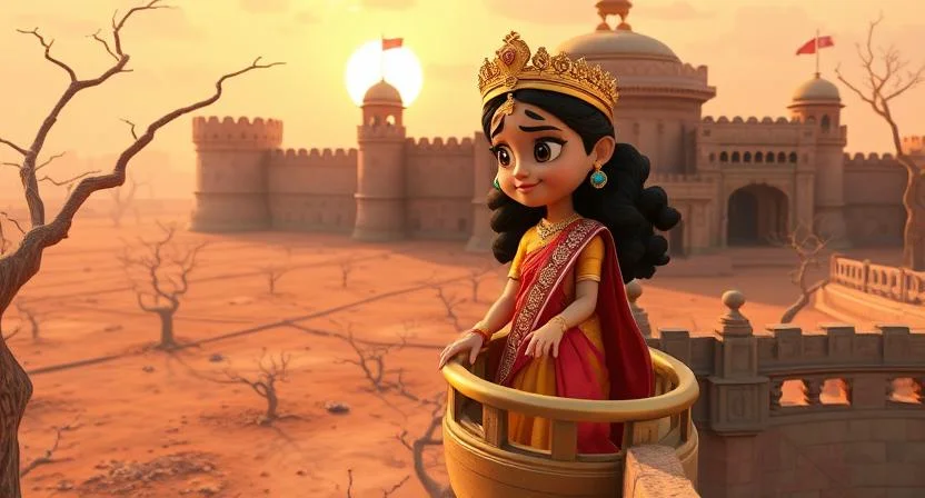 Queen Rudrama Devi, dressed in traditional royal attire and a crown, stands on the balcony of a grand fort in an ancient South Indian kingdom. Below, distressed villagers look up in concern, as dry fields and withered trees stretch across the land. The setting sun casts a golden hue over the scene, emphasizing the kingdom's struggles during a drought.